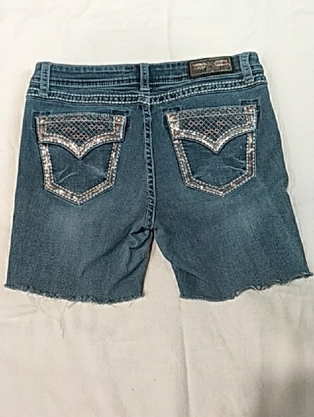 Grace Dark Blue Denim Shorts with Silver Sequin Pocket Trim